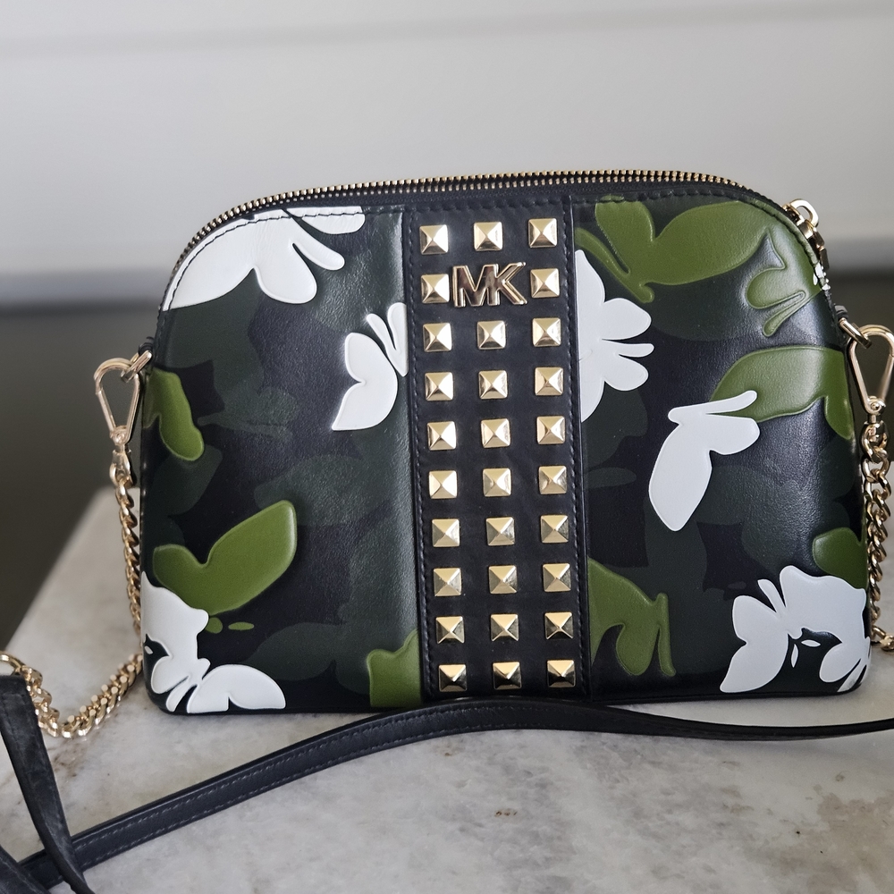 Michael Kors Black and Green Floral Studded Crossbody Bag